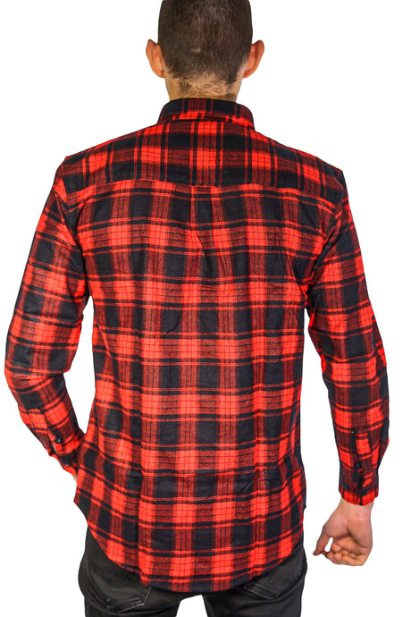 Mens Long Sleeve Flannelette Shirt - Black/Red (100% Cotton Check Full Placket Flannel)