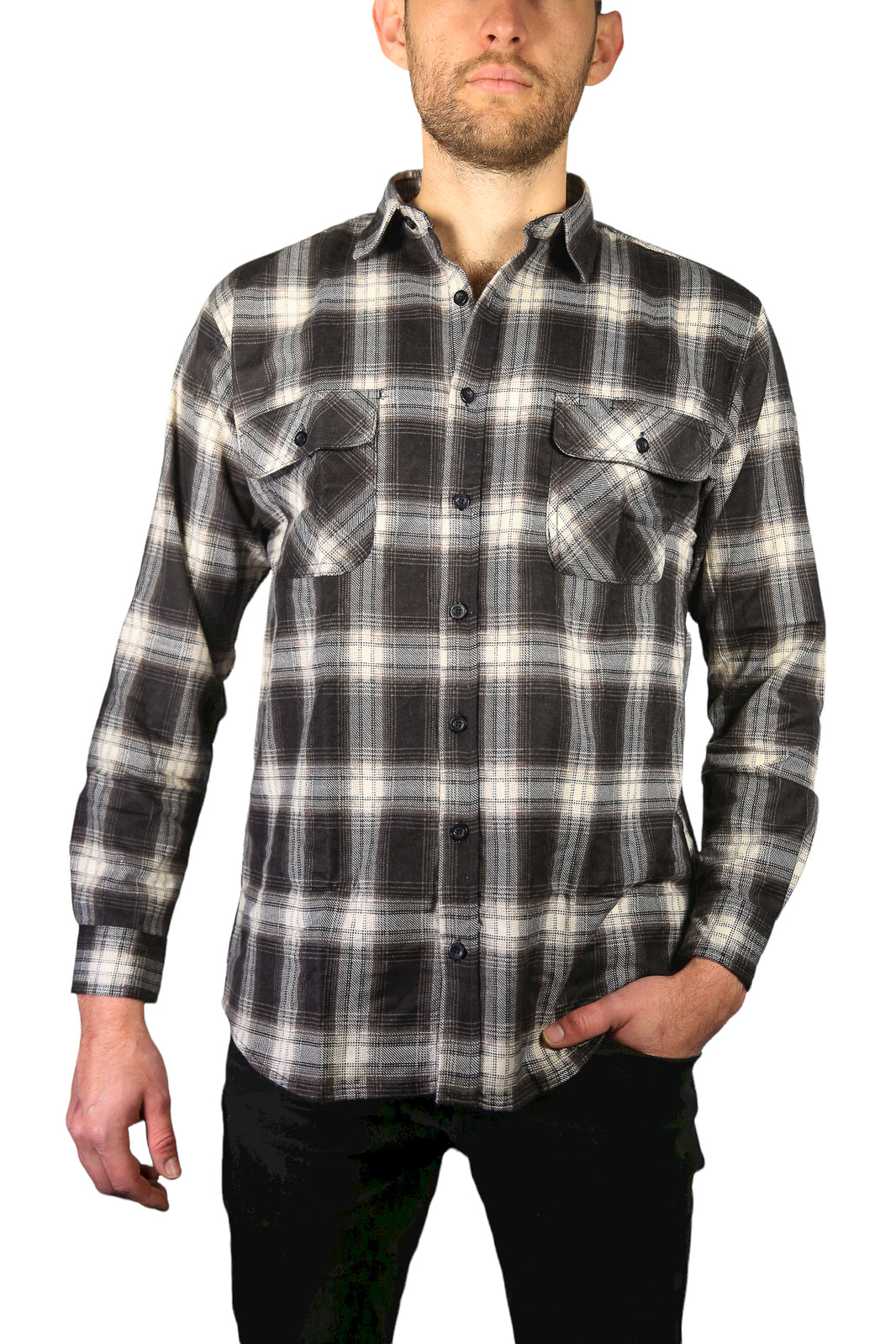 Mens Long Sleeve Flannelette Shirt - Black/White (100% Cotton Check Full Placket Flannel)