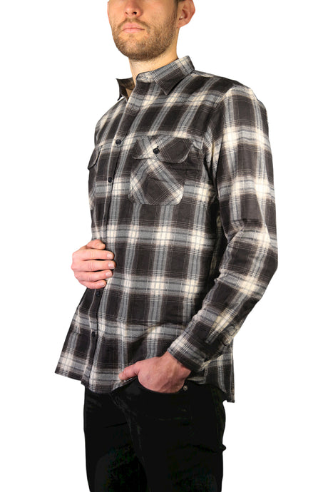 Mens Long Sleeve Flannelette Shirt - Black/White (100% Cotton Check Full Placket Flannel)