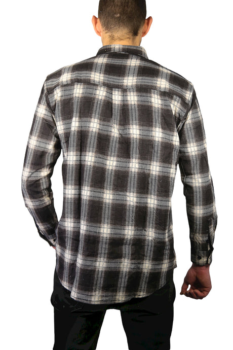 Mens Long Sleeve Flannelette Shirt - Black/White (100% Cotton Check Full Placket Flannel)