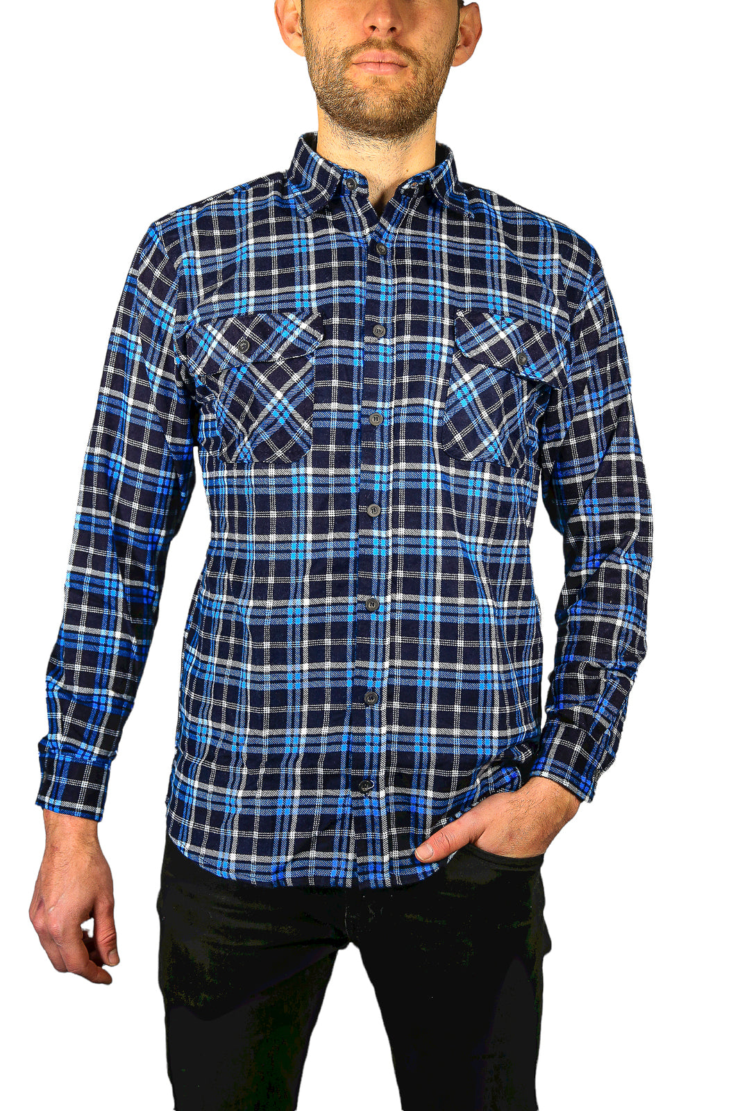 Mens Flannelette Long Sleeve Shirt 100% Cotton Check Authentic Flannel - Full Placket - Royal Blue