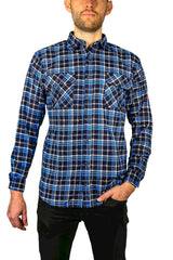 Mens Flannelette Long Sleeve Shirt 100% Cotton Check Authentic Flannel - Full Placket - Royal Blue