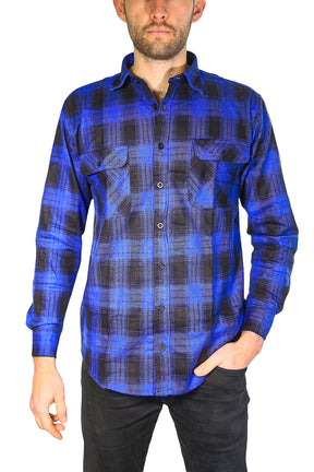 Mens Flannelette Long Sleeve Shirt 100% Cotton Check Authentic Flannel - Full Placket - Royal Blue