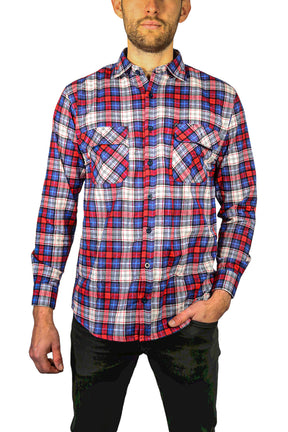 Mens Flannelette Long Sleeve Shirt 100% Cotton Check Authentic Flannel - Full Placket - Navy/Red/White