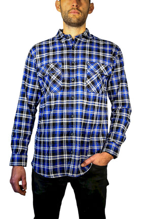 Mens Long Sleeve Flannelette Shirt - Denim Blue (100% Cotton Check Full Placket Flannel)