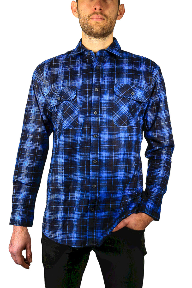 Mens Long Sleeve Flannelette Shirt - Blue (100% Cotton Check Full ...