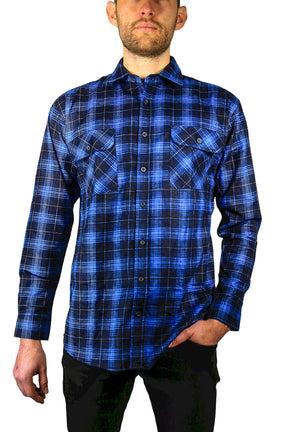 Mens Long Sleeve Flannelette Shirt - Blue (100% Cotton Check Full Placket Flannel)
