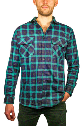 Mens Long Sleeve Flannelette Shirt - Green/Navy (100% Cotton Check Full Placket Flannel)