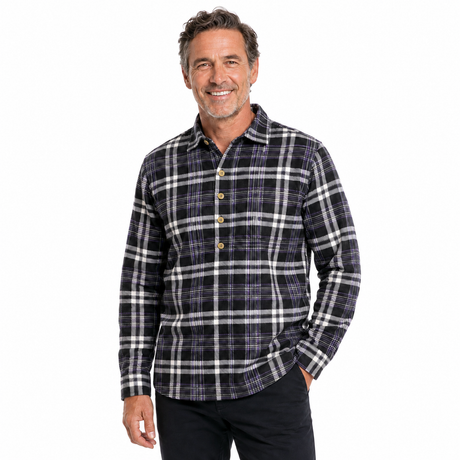 Mens Long Sleeve Flannel Pullover Shirt - Black/Purple (100% Cotton Half Button Flannelette)