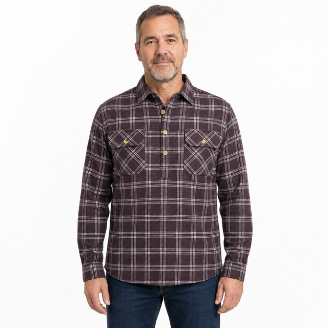 Mens Half Placket Flannelette Long Sleeve Pullover Shirt 100% Cotton Check Authentic Flannel - Burgundy - S
