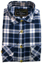 Mens Long Sleeve Flannel Pullover Shirt - 100% Cotton Check Half Placket Flannelette - White/Blue Denim