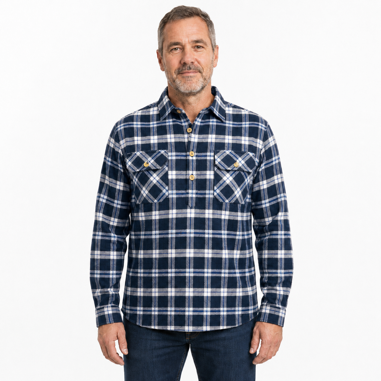 Jacksmith Mens Long Sleeve Flannel Pullover Shirt - Denim Blue/White (100% Cotton Half Button Flannelette)