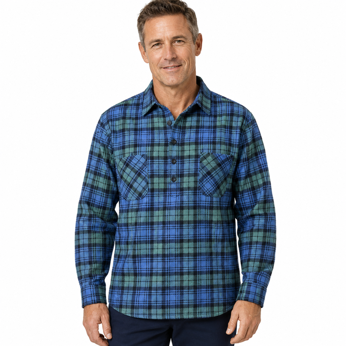 Mens Long Sleeve Flannel Pullover Shirt - Green/Purple (100% Cotton Half Button Flannelette)