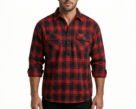 Mens Long Sleeve Flannel Pullover Shirt - Black/Red (100% Cotton Half Button Flannelette)