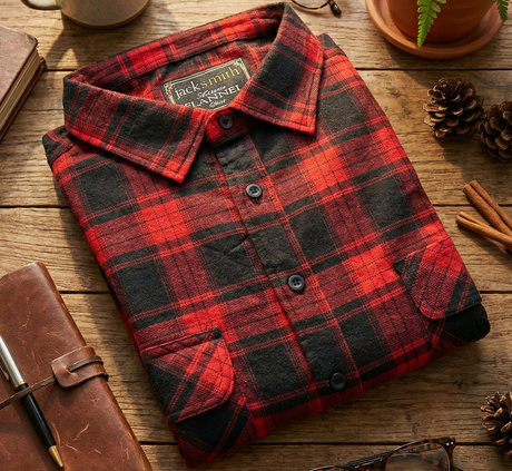 Mens Long Sleeve Flannel Pullover Shirt - Black/Red (100% Cotton Half Button Flannelette)