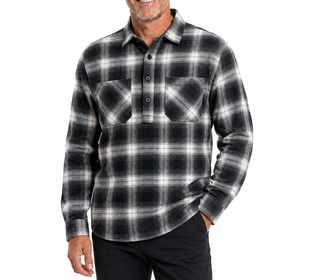 Mens Long Sleeve Flannel Pullover Shirt - Black/White (100% Cotton Half Button Flannelette)