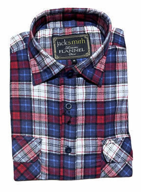 Mens Long Sleeve Flannel Pullover Shirt - Red/Blue/White (100% Cotton Half Button Flannelette)