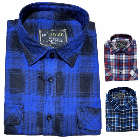 JackSmith Mens Flannelette Long Sleeve Pullover Shirt 100% Cotton Flannel - Half Placket - Red Check