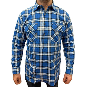 Mens Long Sleeve Flannel Pullover Shirt - Navy Blue (100% Cotton Half Button Flannelette)