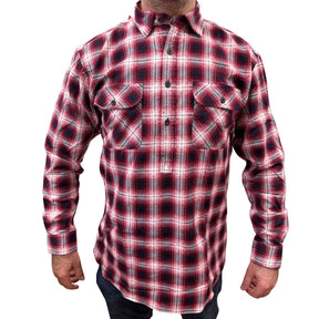 Mens Flannelette Long Sleeve Pullover Shirt 100% Cotton Flannel - Half Placket - Red/Black/White
