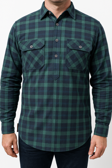 Mens Long Sleeve Flannel Pullover Shirt - Green/Navy (100% Cotton Half Button Flannelette)