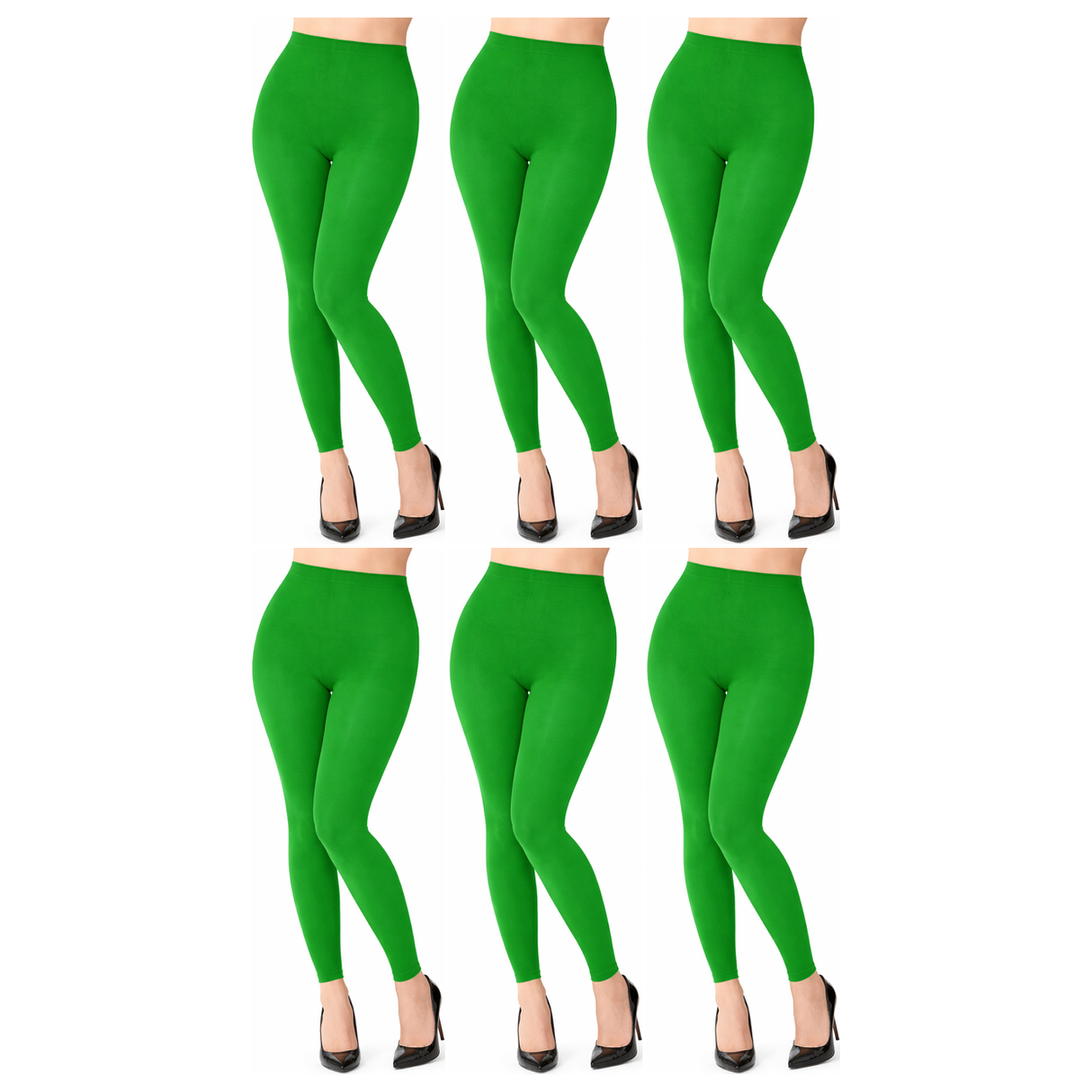 6x Womens Green Footless Tights Bulk Pack - Fluro Bright Stretch Polyester Hosiery (Dance/Party Costume)