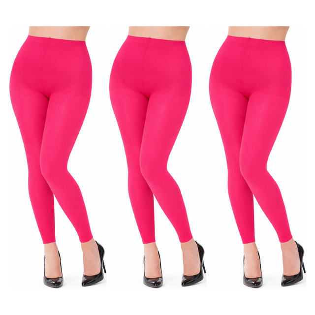 3x Womens Hot Pink Footless Tights Bulk Pack - Fluro Bright Stretch Polyester Hosiery (Dance/Party Costume)