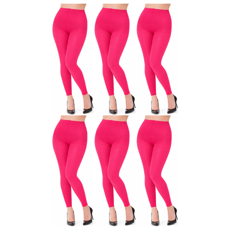 6x Womens Hot Pink Footless Tights Bulk Pack - Fluro Bright Stretch Polyester Hosiery (Dance/Party Costume)