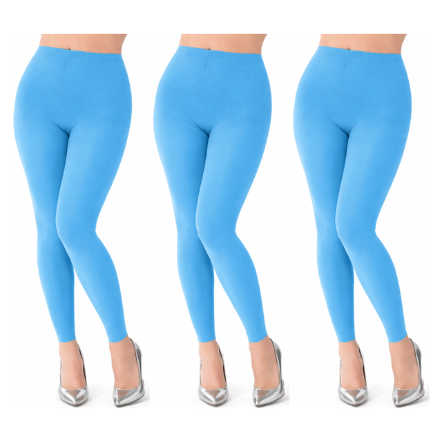3x Womens Light Sky Blue Footless Tights Bulk Pack - Fluro Bright Stretch Polyester Hosiery (Dance/Party Costume)