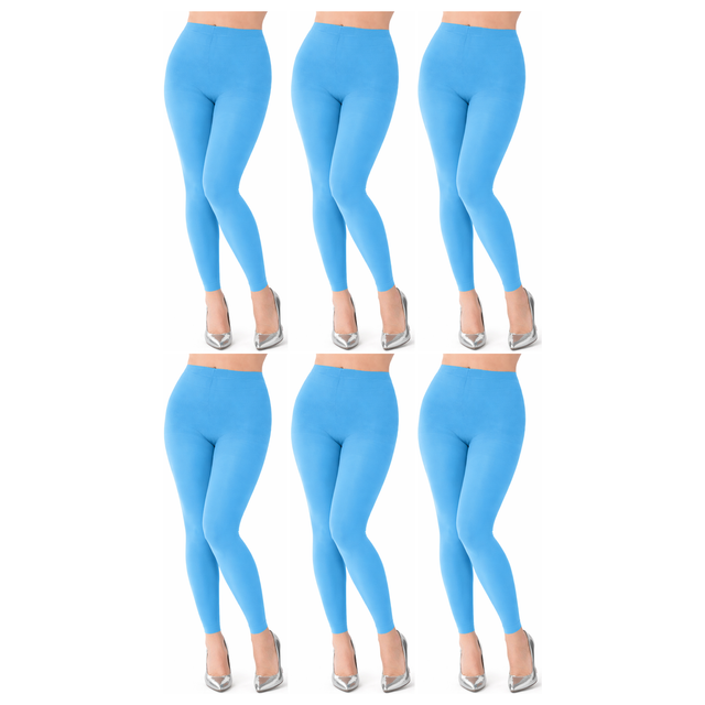 6x Womens Light Sky Blue Footless Tights Bulk Pack - Fluro Bright Stretch Polyester Hosiery (Dance/Party Costume)