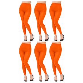 6x Womens Orange Footless Tights Bulk Pack - Fluro Bright Stretch Polyester Hosiery (Dance/Party Costume)