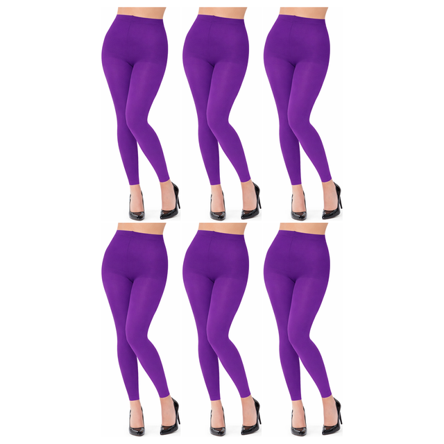 6x Womens Purple Footless Tights Bulk Pack - Fluro Bright Stretch Polyester Hosiery (Dance/Party Costume)