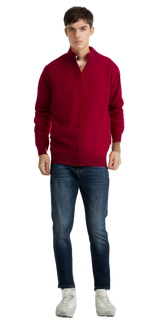 Full Zip 100% SHETLAND WOOL Up Knit JUMPER Pullover Mens Sweater Knitted - Red