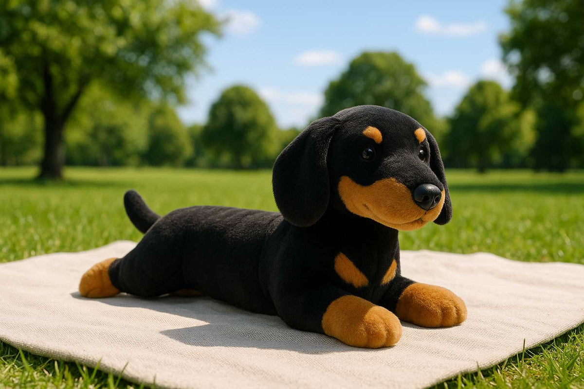 Bocchetta Frankie 30cm Floppy Dachshund Puppy Plush Toy - Black/Tan (Realistic Stuffed Animal Dog Gift)