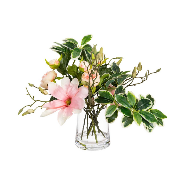 50cm Faux Magnolia Arrangement in Glass Vase - Artifical Floral Décor