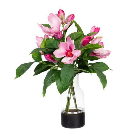 60cm Faux Pink Magnolia Liliflora in Glass Vase Artificial Plant Flower Tree Fake