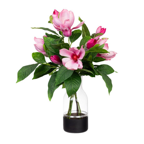 60cm Faux Pink Magnolia Liliflora in Glass Vase Artificial Plant Flower Tree Fake