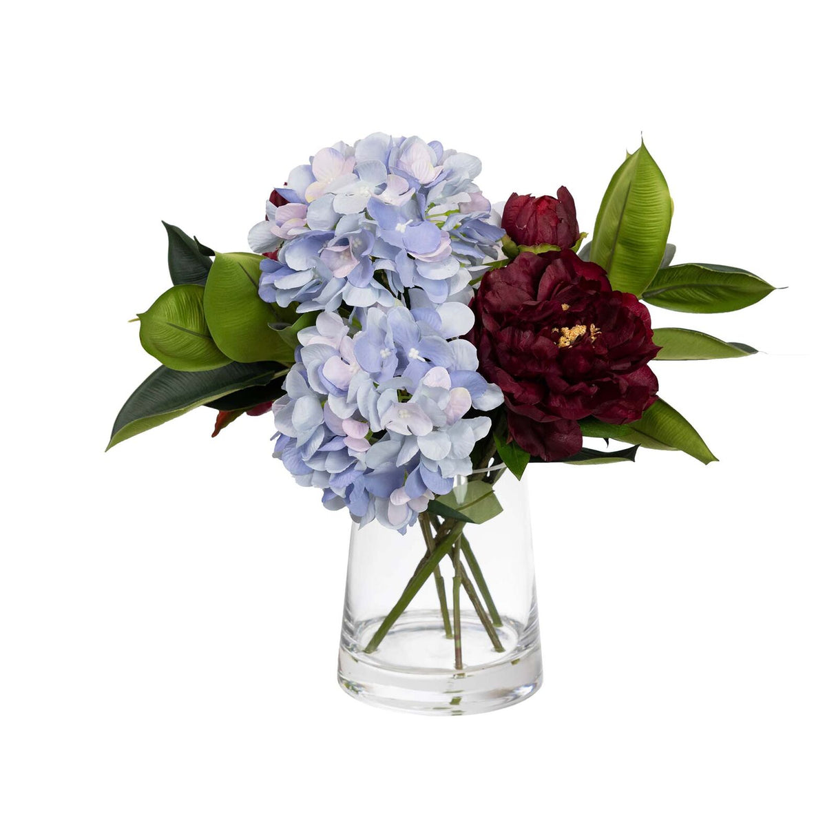 47cm Magnolia & Hydrangea Artificial Arrangement in Glass Vase (Faux Floral Decor)