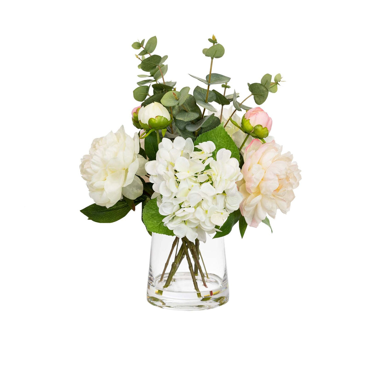 53cm Mixed Hydrangea Artificial Arrangement in Glass Vase (Faux Floral Decor)