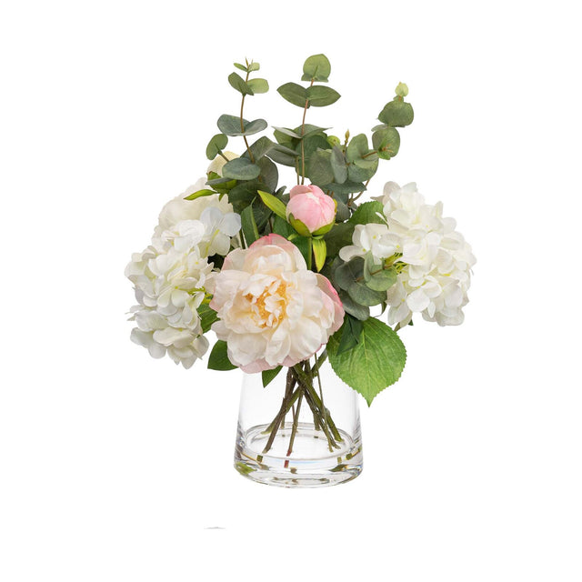 53cm Mixed Hydrangea Artificial Arrangement in Glass Vase (Faux Floral Decor)