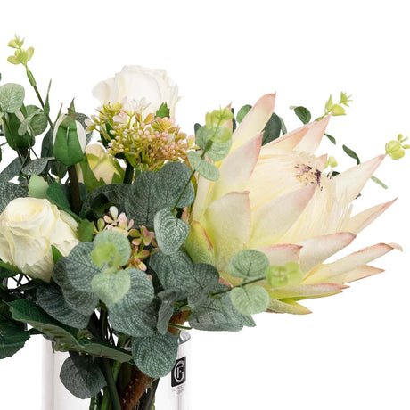 40cm Protea & Rose Mixed Artificial Flower Plant Bunch Arrangement in Glass