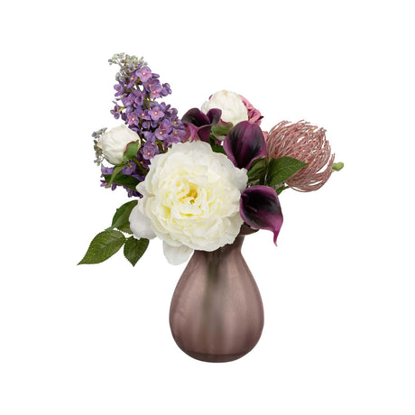 32cm Rose Peony & Wisteria Arrangement in Glass Artificial Flower Plant - Purple