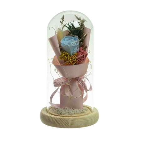 Preserved Dried Rose Flower 21cm Floral Set in Glass Dome w/ Fairy Lights in Blue