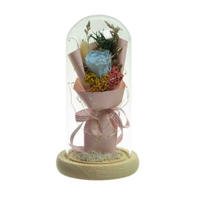 Preserved Dried Rose Floral Set in Glass Dome w/ Fairy Lights - Blue - 21cm