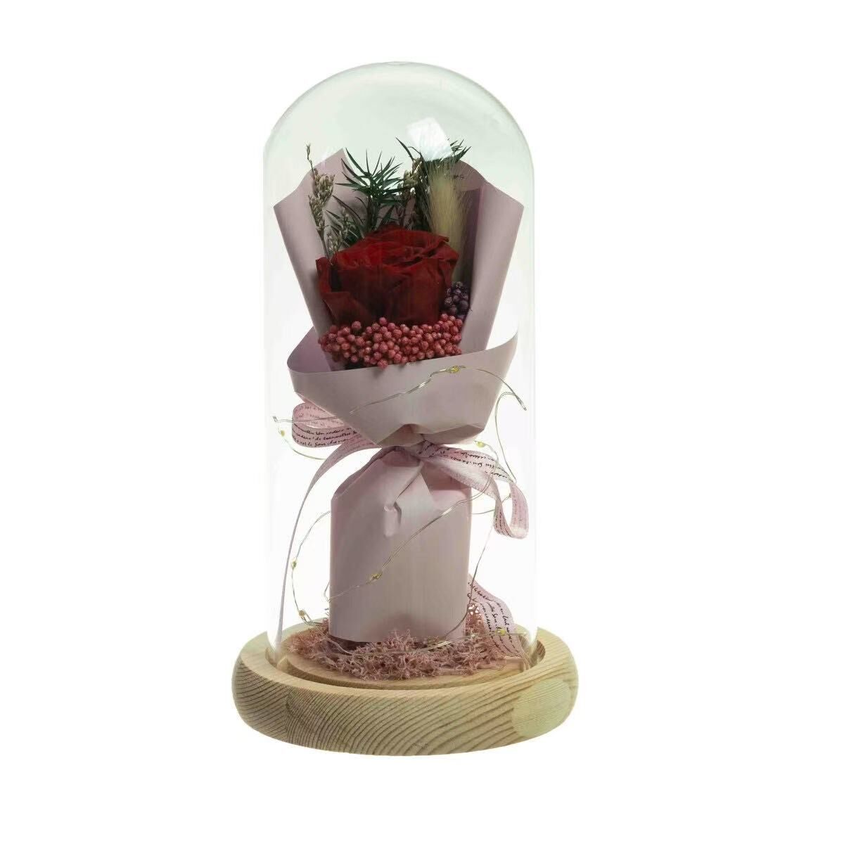 Preserved Dried Rose Flower 21cm Floral Set in Glass Dome w/ Fairy Lights in Red
