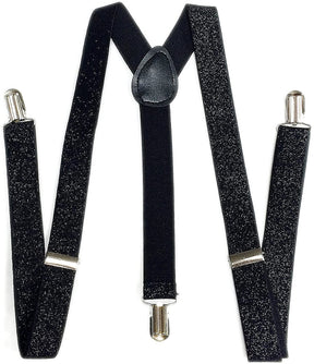 Black Glitter Sparkle Suspenders - Adjustable Clip On Elastic Y-Back Braces