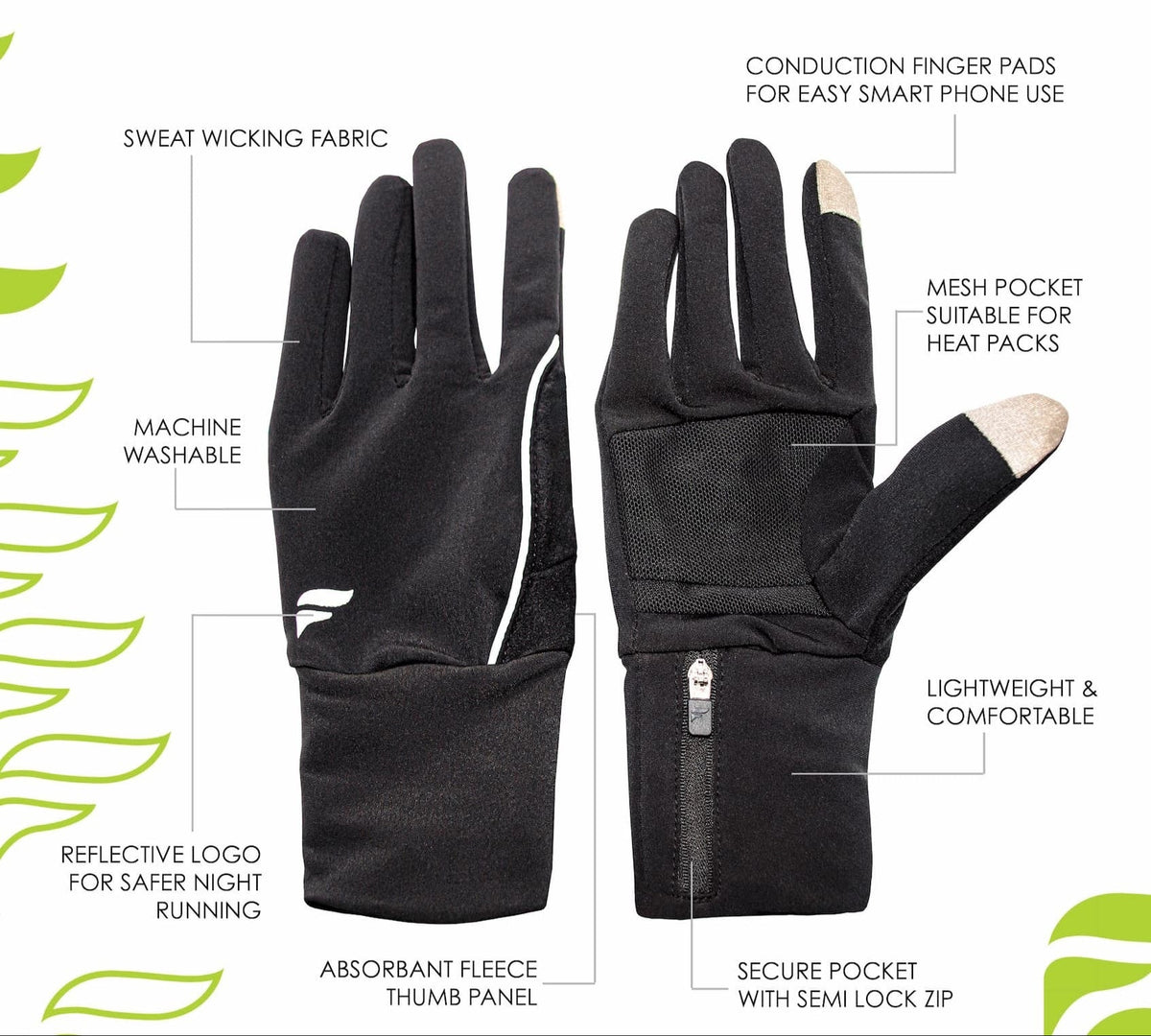 Fly Active Glovepocket Womens Running Gloves - Black/Silver (Touchscreen, Key Pocket)