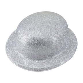 White/Silver Glitter Bowler Hat - Sparkly Costume Hat for Dance/Fancy Dress Party