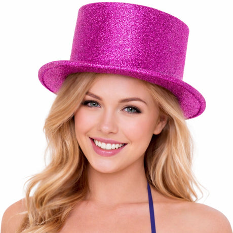 Hot Pink Glitter Top Hat - Sparkly Dance Costume/Fancy Dress Party