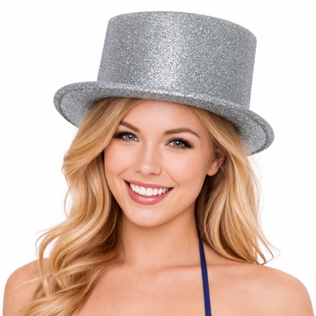 Silver Glitter Top Hat - Sparkly Dance Costume/Fancy Dress Party